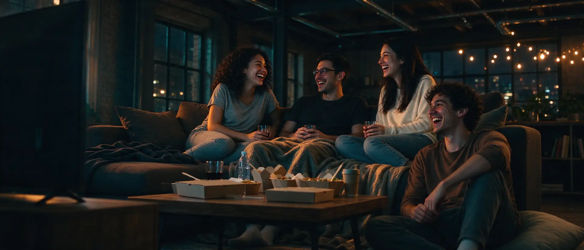Friends sharing snacks on a series night, with an episode from the PrimeFlexMedia library on the TV