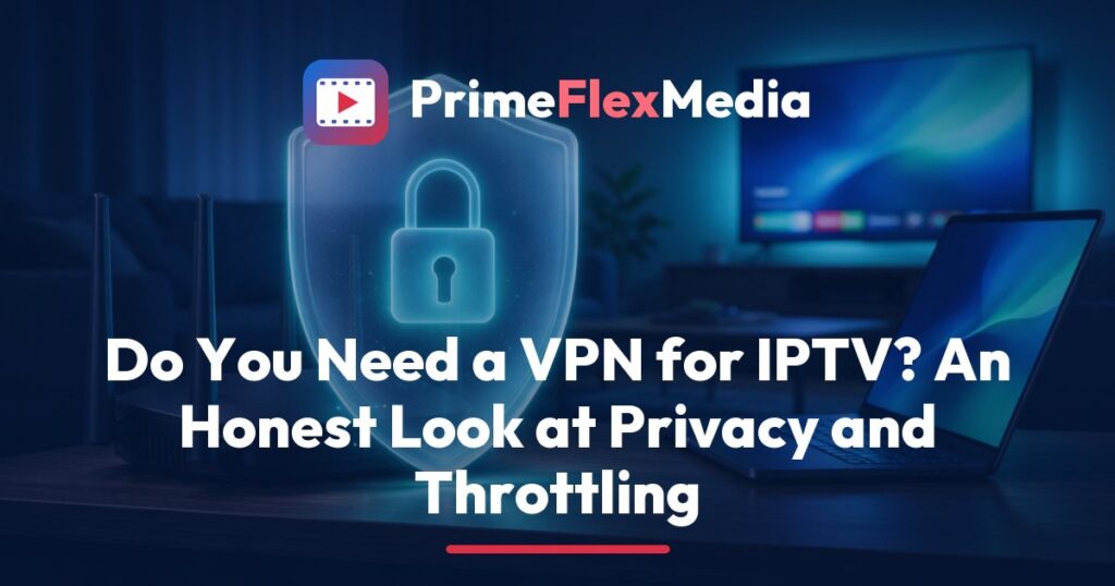 PrimeFlexMedia guide to using a VPN for IPTV, showing a streaming stick, a home router and a laptop with a padlock icon beside a TV playing a film