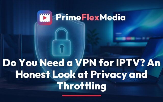 PrimeFlexMedia guide to using a VPN for IPTV, showing a streaming stick, a home router and a laptop with a padlock icon beside a TV playing a film